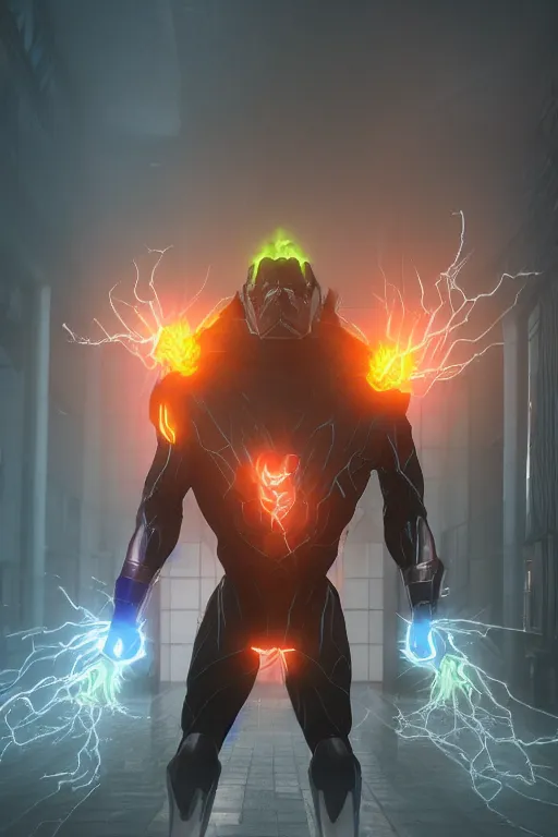 Image similar to electro storm supervillain, character design, radiating energy, mist, fog, photo realistic, octane render, unreal engine, hyper detailed, volumetric lighting