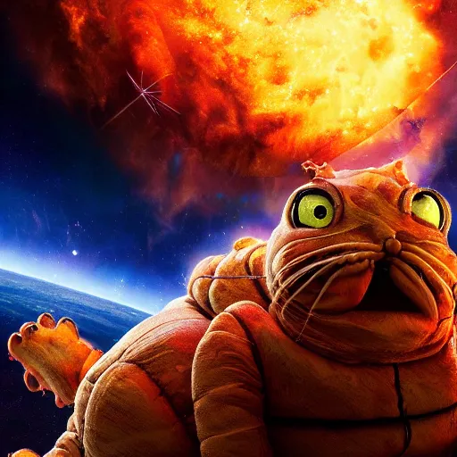 Prompt: one scary garfield in space, galaxy, hd, 8 k, explosions, gunfire, lasers, giant, epic, realistic photo, unreal engine, stars, prophecy, powerful, cinematic lighting, destroyed planet, debris, movie poster, violent, sinister, ray tracing, dynamic, print, epic composition, dark, lasagna, horrific