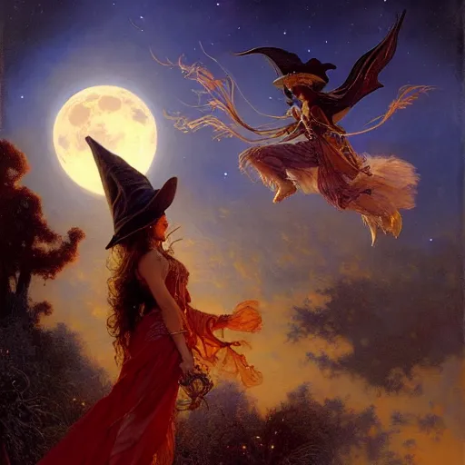 Image similar to witch flying, trough the night, fantasy, full moon in background. highly detailed painting by gaston bussiere, craig mullins, j. c. leyendecker 8 k