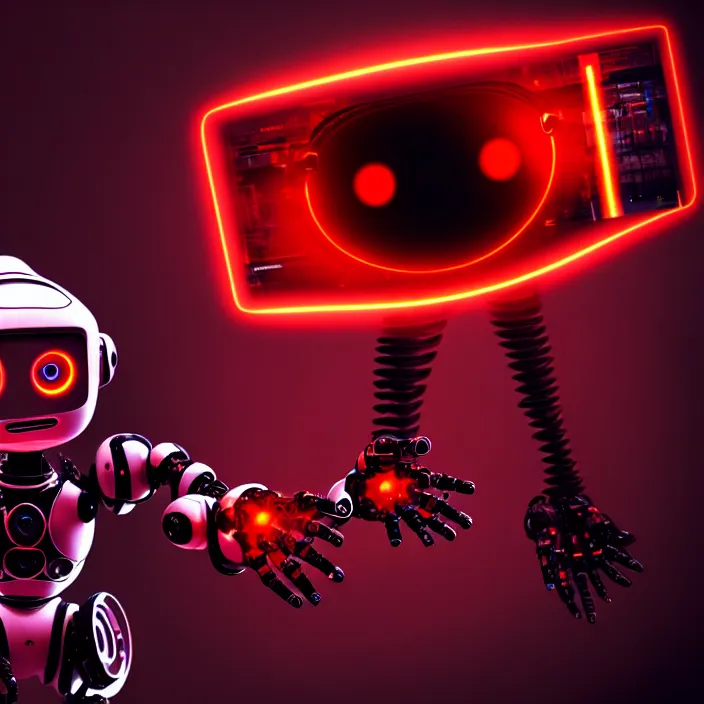 Image similar to a photo of a robot with red eyes playing video games, cool, hd, intricate details, soft lighting, cyberpunk, cinematic, beautiful