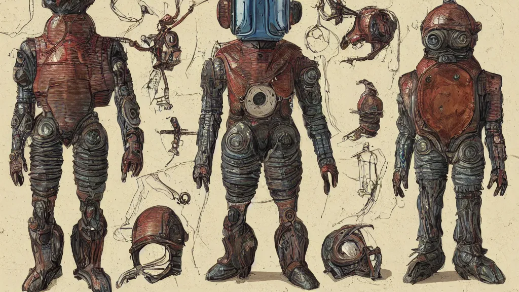 Image similar to aged paper, concept art, colorful character sheet for a male extraterrestrial cyborg warlord wearing victorian diving helmet, retrofuture, fantastic planet, moebius, valerian, coherent, illustration, digital art, trending on artstation, hd, 8 k, good lighting, beautiful, rough paper, masterpiece