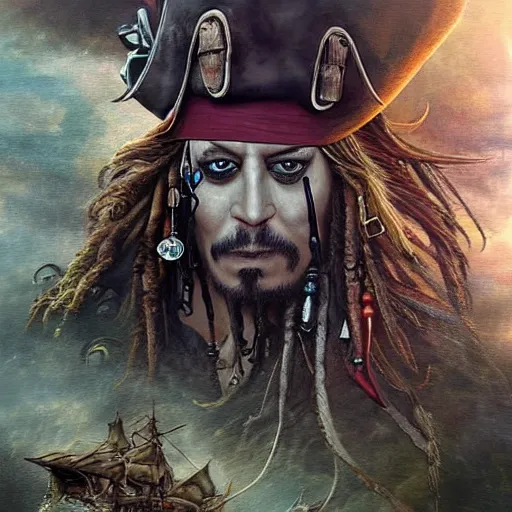 Prompt: a hyperrealistic illustration of Captain Jack Sparrow as Davy Jones, Face hybrid of Davy Jones and Jack Sparrow, Pirates of the Caribbean Ship with fractal sunlight in the Background, award-winning, masterpiece, in the style of Tom Bagshaw, Cedric Peyravernay, Peter Mohrbacher