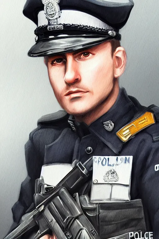 Prompt: london police officer heroically posing, highly detailed, digital art, sharp focus, trending on art station