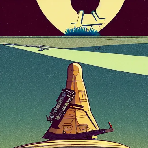 Prompt: very detailed, ilya kuvshinov, mcbess, rutkowski, illustration of a giant ship that has crash landed on a desert planet