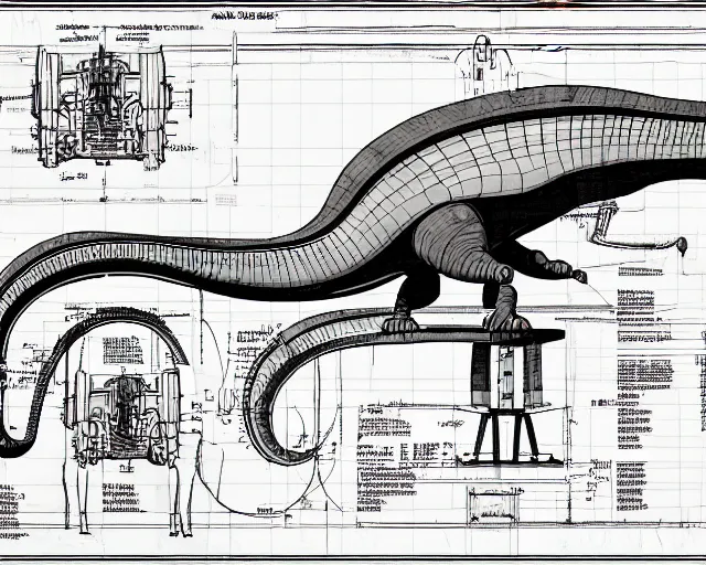 Image similar to a full page of a mechanical blueprint showing a cutaway design for a mechanized brontosaurus from howl's moving castle ( 2 0 0 4 ), with a big head, muted colors, post grunge, studio ghibli, hq,