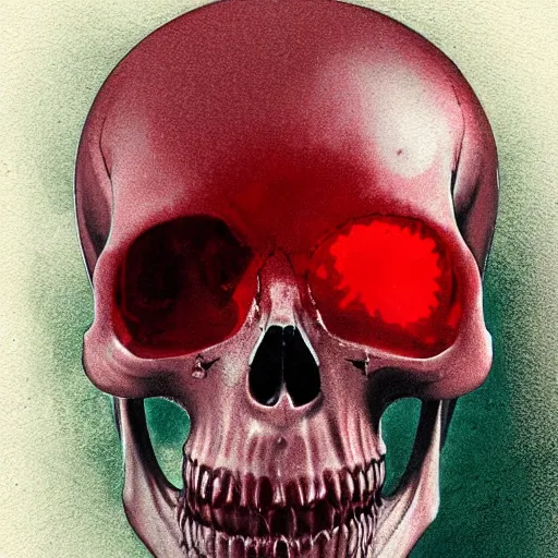 Image similar to turbulent transparent red liquid inside in a transparent skull, alex maleev