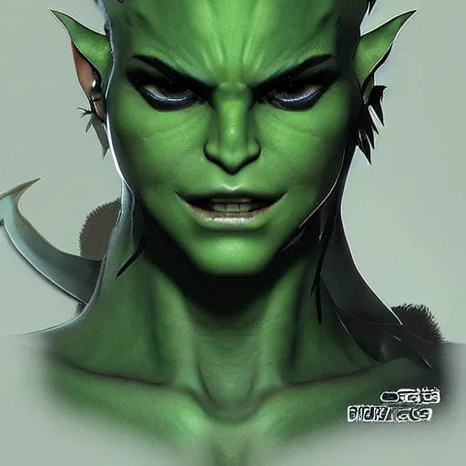 Image similar to character portrait of a green orc female, light green tone beautiful face by yoji shinkawa