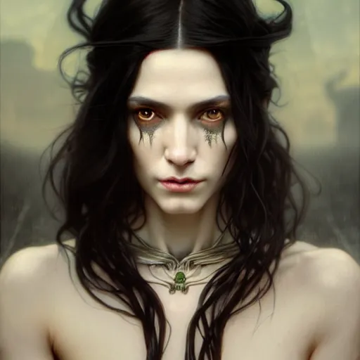 Image similar to portrait painting of an androgynous witch with shoulder length flowing black hair pale skin and beautiful dark brown eyes, ultra realistic, concept art, intricate details, eerie, highly detailed, photorealistic, octane render, 8 k, unreal engine. art by artgerm and greg rutkowski and alphonse mucha