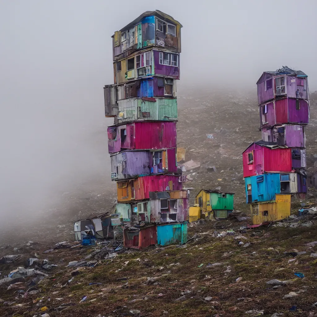 Image similar to two towers, made up of colourful makeshift squatter shacks, uneven fog, dystopia, sony a 7 r 3, f 1 1, fully frontal view, photographed by jeanette hagglund