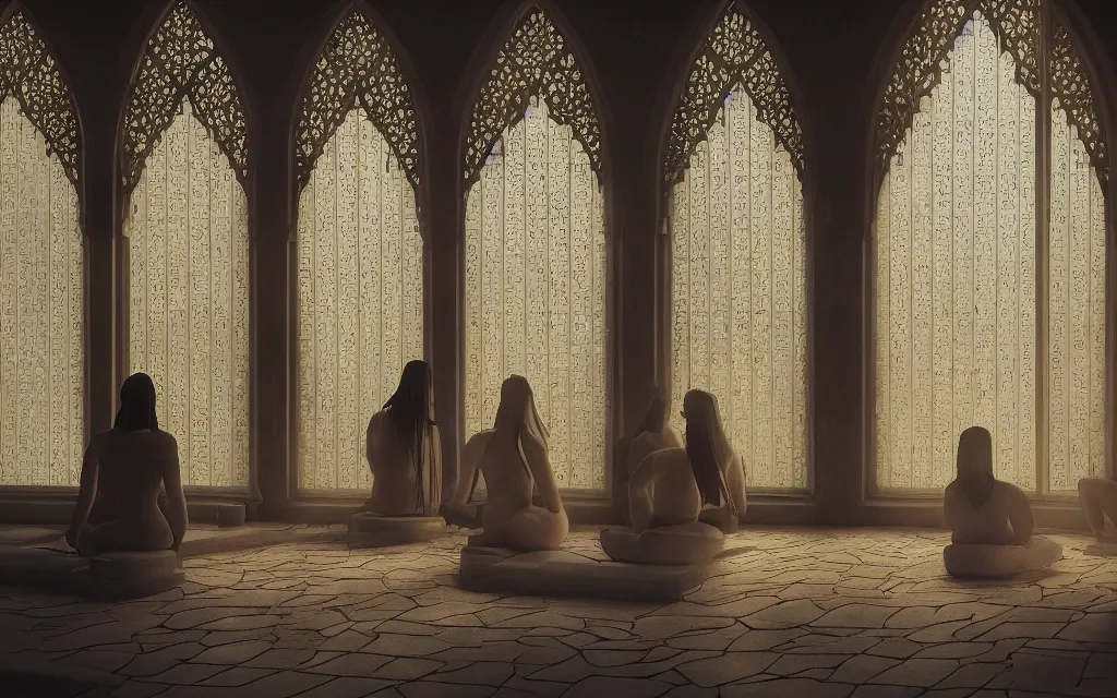 Prompt: “ women sitting in a hammam bathhouse, sheer drapes, arch slit windows, large plants, crepuscular rays, gothic, stained glass, divine, atmospheric, mist, epic, photorealistic, realistic, rule of thirds, extremely detailed, 8 k, unreal engine 5 render, rim lighting, looking through a window frame ”