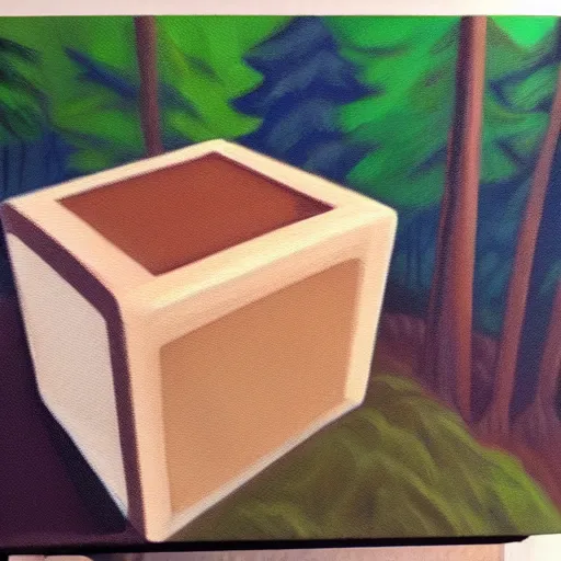 Prompt: oil painting of a blender default cube sitting in the middle of a forest clearing, bob ross