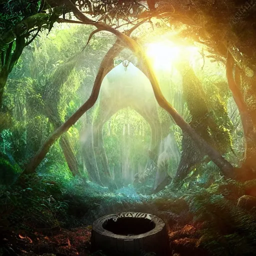 Image similar to active stargate to another dimension inside a beautiful tree in a densely overgrown jungle, fantasy, dreamlike sunrise volumetric lighting, ultra realistic, atmospheric, stopped in time, epic