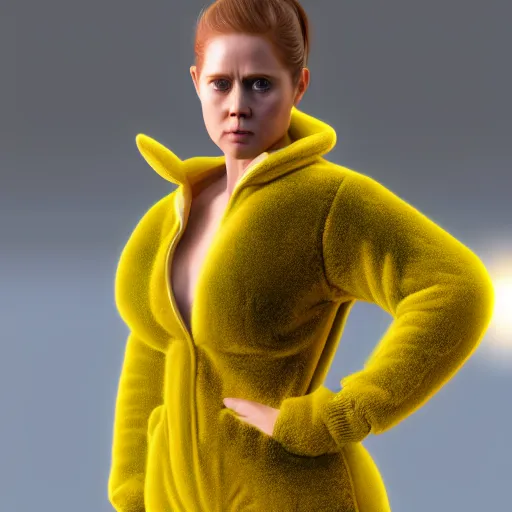 Image similar to photorealistic high resolution 3 d render of amy adams in pikachu onesie portrait, unreal engine 5, trending on artstation, volumetric lighting, subsurface scattering, highly detailed realistic human skin texture