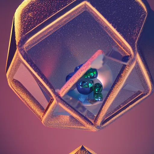 Image similar to tilt shift sphere ipercube huge light intricate reflection diffraction marble gold obsidian preraffaellite photography cut, octane, artstation render 8 k neon