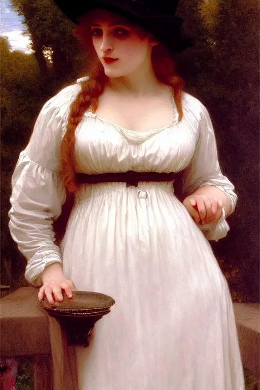 Image similar to victorian vampire in a biggest hat, white dress, painting by rossetti bouguereau, detailed art, artstation