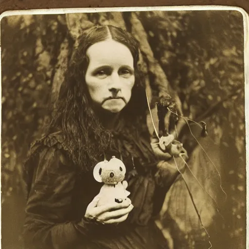 Image similar to portrait of a ratched witch holding a voodoo doll in an ominous forest, 1 9 0 0 s photography