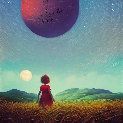 Prompt: giant daisy flower as a head, girl walking in wheat field, hills, surreal photography, moon light, dark night, star trails, dramatic light, impressionist painting, clouds, digital painting, artstation, simon stalenhag