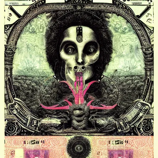 Prompt: post - punk new age album cover, asymmetrical design, in a frame, dollar bank notes, capitalism, magic, apocalypse, psychedelic, black white pink, magic, giger h. r., giuseppe arcimboldo