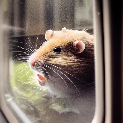 Image similar to photo of a hamster inside a train, looking out of a train window, various poses, unedited, soft light, sharp focus, 8 k