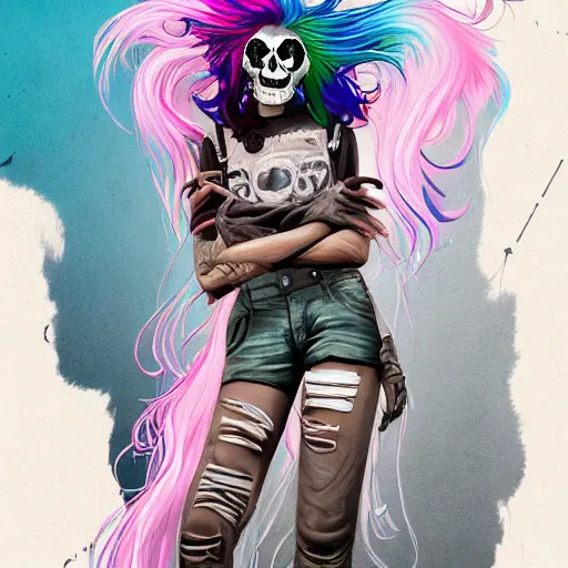 Prompt: a grungy skull woman with rainbow hair, stitched together, soft eyes and narrow chin, dainty figure, long hair straight down, torn overalls, short shorts, combat boots, basic white background, side boob, symmetrical, single person, style of by jordan grimmer and greg rutkowski, crisp lines and color,