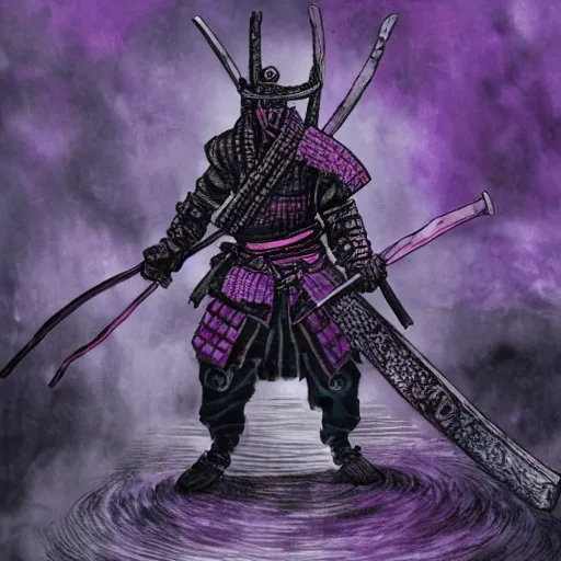 Prompt: a samurai standing in the purple abyss, rot, blood, dark, bloodborne, night, hopeless, highly detailed, intricate background