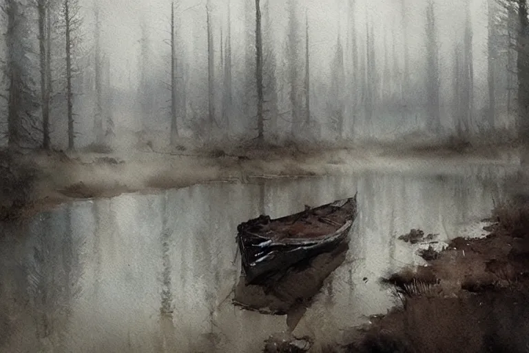 Prompt: watercolor fast painting of scandinavian bog, reflective, fog, ambient lighting, art by anders zorn, wonderful masterpiece by greg rutkowski, sloppy and quick, sketched mockup aquarelle, paint smear, splashed drips, drops, paintbrush strokes, hand painted, bold brushed