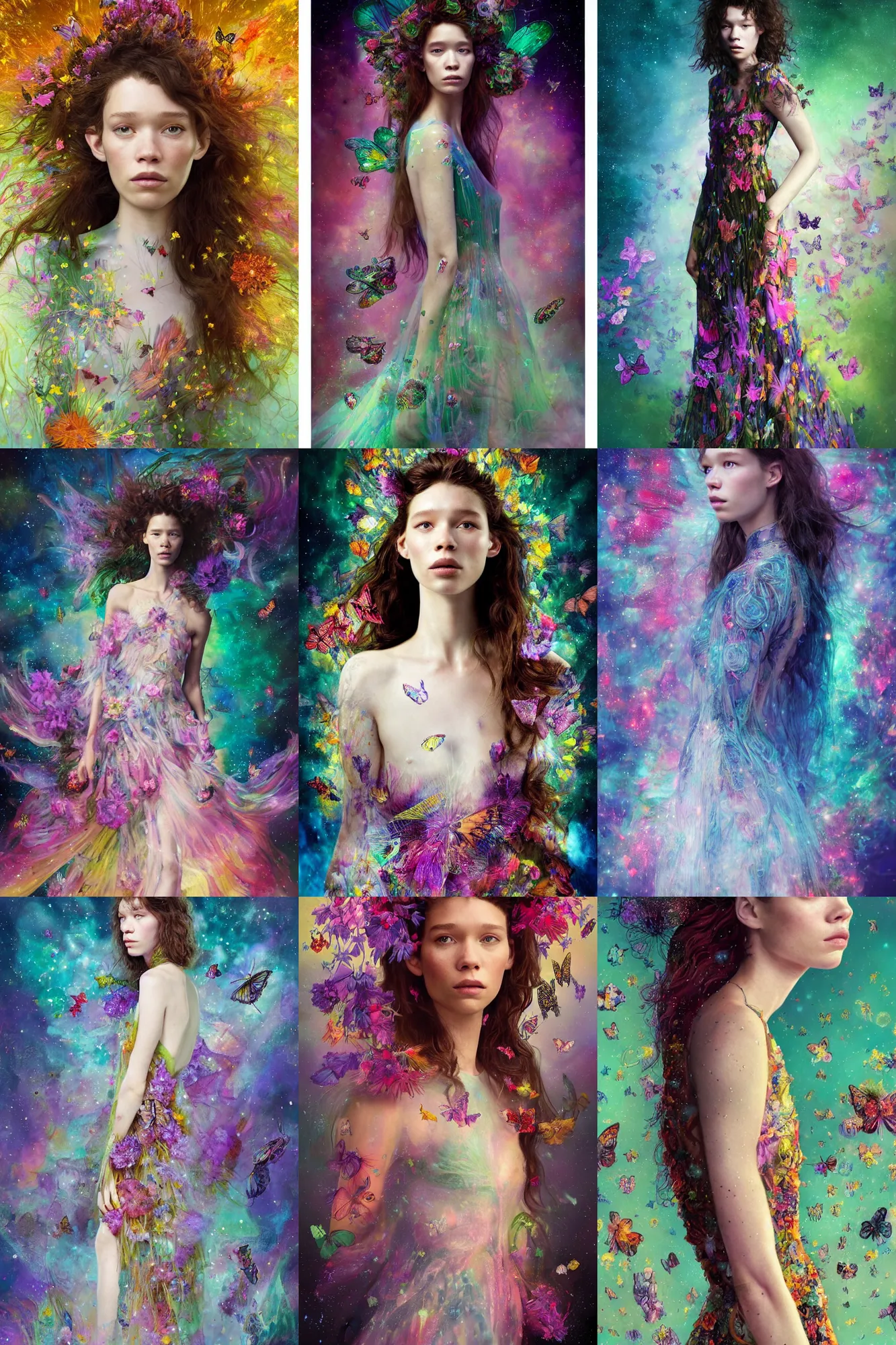 Prompt: masterwork full body portrait of astrid berges frisbey. digital illustration. nebulae hair. wearing a dress made out of flowers and butterflies. resting on a background of stars. fluid, dreamy, ethereal, vivid colours. sharp focus. highly detailed face. wow! cinematic lighting. trending on artstation. cgsociety.
