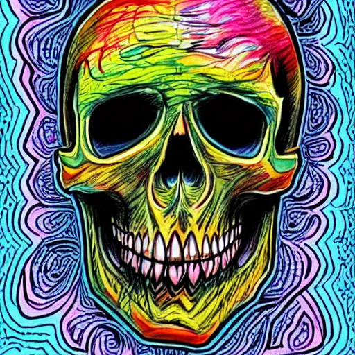 Image similar to colorful illustration of skull, by kezie demessance and junji ito