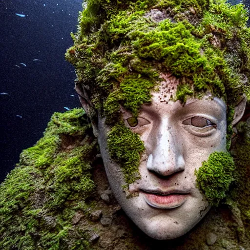 Image similar to Award-winning photograph by Mar Mann. The photo depicts a decaying roman bust of Mark Zuckerberg overgrown with moss at the bottom of the sea in the middle of ruins of civilization. Minimalism, high definition, perfect composition. Deep sea picture. Very dark. Volumetric Lighting. Fish. Darkness. Ruins