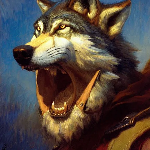 Image similar to a portrait of a wolf dogman. highly detailed painting by gaston bussiere, craig mullins, j. c. leyendecker, furry