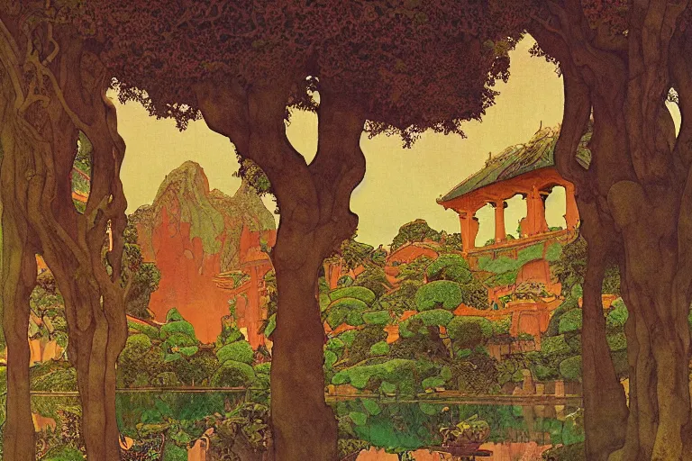 Prompt: ancient temple by a lake | by Edmund Dulac and Maxfield Parrish and Nicholas Roerich | ornate carvings| climbing vines| rich color | dramatic cinematic lighting