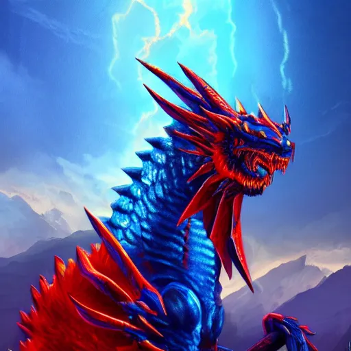 Image similar to a majestic dragon with azure blue eyes, iron claws, golden wings and scarlet red skin, hd, 4k, trending on artstation, award winning, 8k, 4k, 4k, very very very detailed, high quality synthwave art