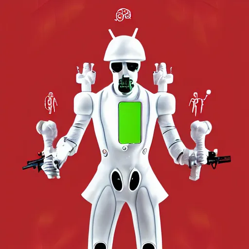 Image similar to an android wearing a white trench coat with 6 arms sticking out of each side, looking out of a doorway. four arms have lazer guns, one has a rifle, and one has a broken piece of a door. dramatic digital art.