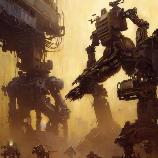 Image similar to six meters tall mech fighting in an urban environment, epic action scene, by gaston bussiere craig mullins jc leyendecker gustav klimt artgerm greg rutkowski john berkey, bergey, craig mullins, ruan jia, raymond swanland, jeremy mann, tom lovell, alex malveda, shadow ray casting, bump mapping