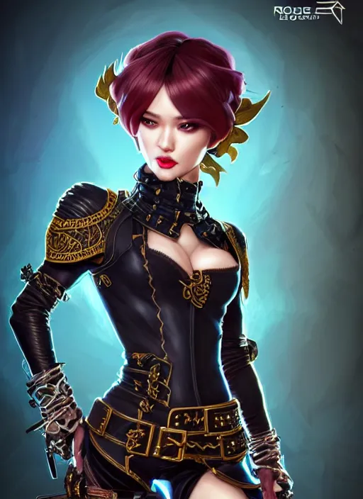 Image similar to rogue, fantasy ornate leather bandit outfit!!! close - up portrait beautiful and athletic short hair female!! gorgeous face and eyes!! character concept art, sharp focus, octane render! unreal engine 5! highly rendered!! trending on artstation!! detailed linework!! illustration by artgerm, wlop, and chie yoshii