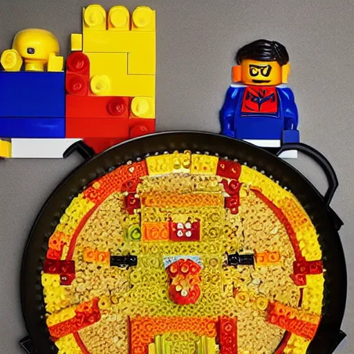 Image similar to a paella made with lego pieces.