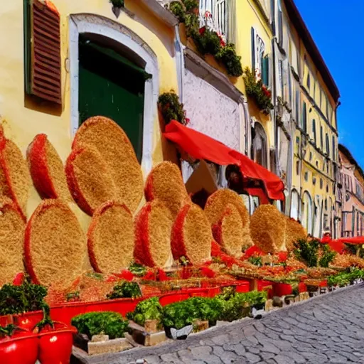 Image similar to an italian town made of pasta, tomatoes, basil and parmesan