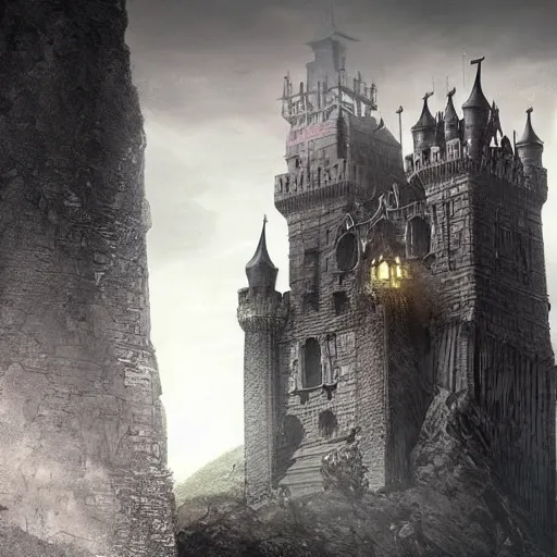 Prompt: a lonely and impossibly tall ominous palace dark citadel tower of the evil patriarch, battlements, castle wall, portcullis, on a plateau island in a river elevated high above the city, flintlock fantasy capital city, scary gothic architecture, ultrawide lense, aerial photography, unreal engine, exquisite detail, 8 k, art by greg rutkowski and alphonse mucha