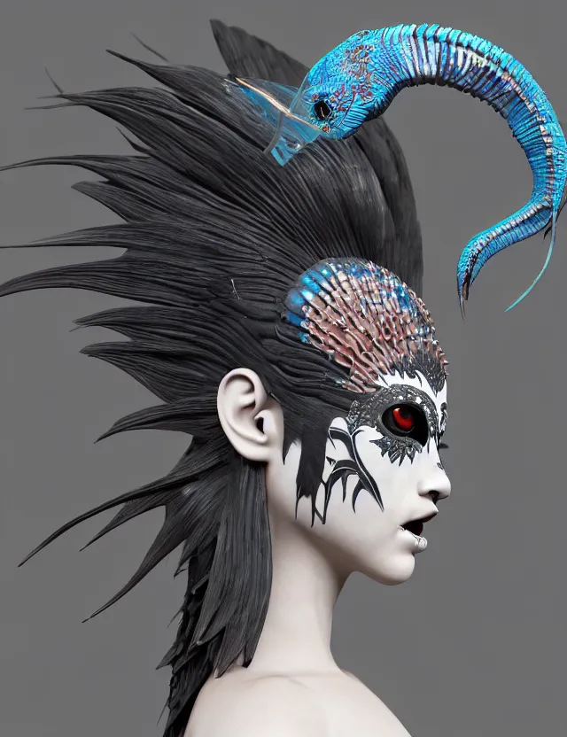 Image similar to 3 d goddess close - up profile simple portrait punk with mohawk with ram skull. beautiful intricately detailed japanese crow kitsune mask and clasical japanese kimono. betta fish, jellyfish phoenix, bio luminescent, plasma, ice, water, wind, creature, artwork by tooth wu and wlop and beeple and greg rutkowski