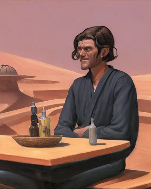 Image similar to rhett sarlin sitting at a table in a cantina on tatooine, long black hair in a ponytail, portrait by ralph mcquarrie
