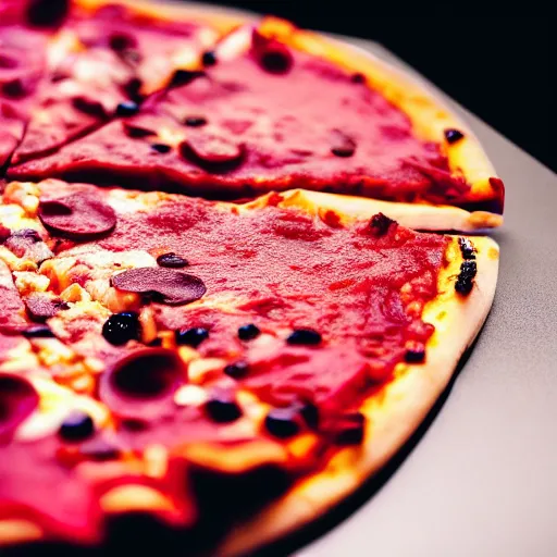 Image similar to a macro photo of a slice of pizza, hyper realistic, hyper detailed, 35mm, very grainy film, pink volumetric studio lighting, bokeh, black background award winning shot, vogue magazine, cinematic, 8k, very closeup, elegant, tender, pastel