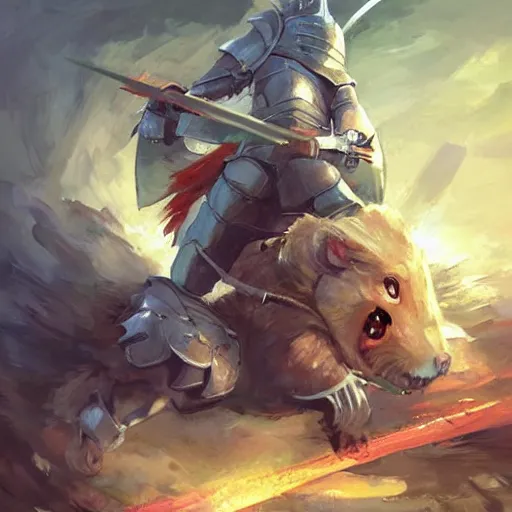 Image similar to a knight fighting a giant hamster, painting by ross tran