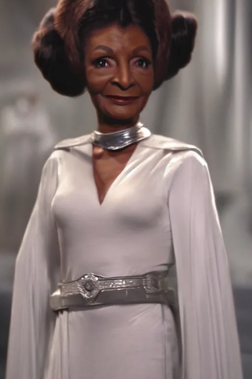 Image similar to photorealistic!! adult nichelle nichols as princess leia, white regal gown, hair buns, lt uhura film quality