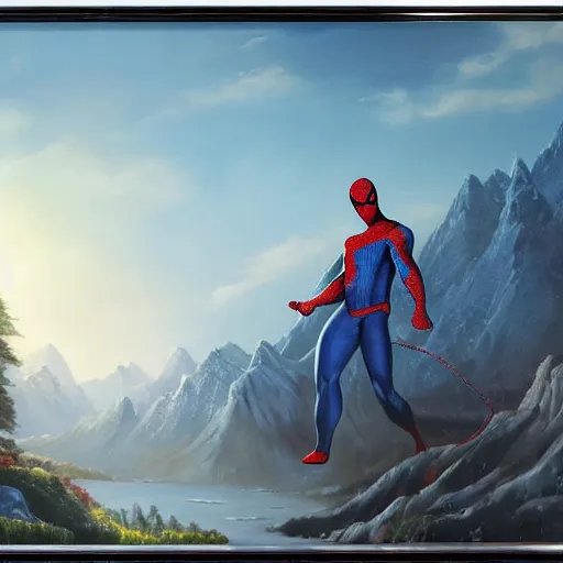 Image similar to a closeup photorealistic photograph of bob ross working on a canvas painting of spiderman. film still. brightly lit scene. mountains and trees. this 4 k hd image is trending on artstation, featured on behance, well - rendered, extra crisp, features intricate detail, epic composition and the style of unreal engine.