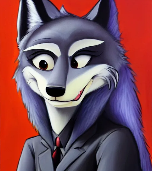 Image similar to full body oil painting of anthromorphic furry female wolf, in style of zootopia, female fursona, furry, furaffinity, 4 k, deviantart, furry art, fursona art, wearing black business suit, wearing business suit, wolf fursona, expressive feminine face, female,