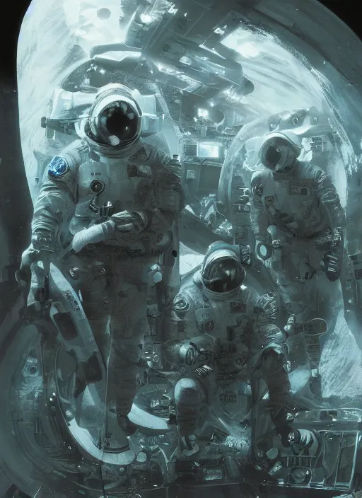 Image similar to astronauts in dark and empty void underwater - complex and hyperdetailed suit. reflection and dispersion materials. rays and dispersion of light. volumetric light. 5 0 mm, f / 3 2. noise film photo. flash photography. ultra realistic, wide angle. poster by wayne barlowe, hajime sorayama aaron horkey, craig mullins. dark key.