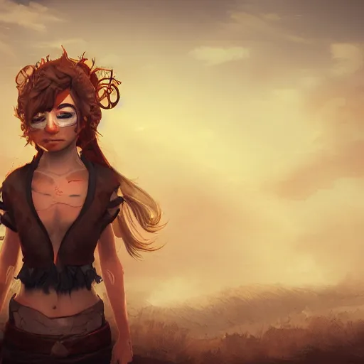 Image similar to beautiful young wind spirit, leather top, full round face, short smile, golden hour, full body, post apocalyptic setting, medium shot, mid-shot, highly detailed, trending on Artstation