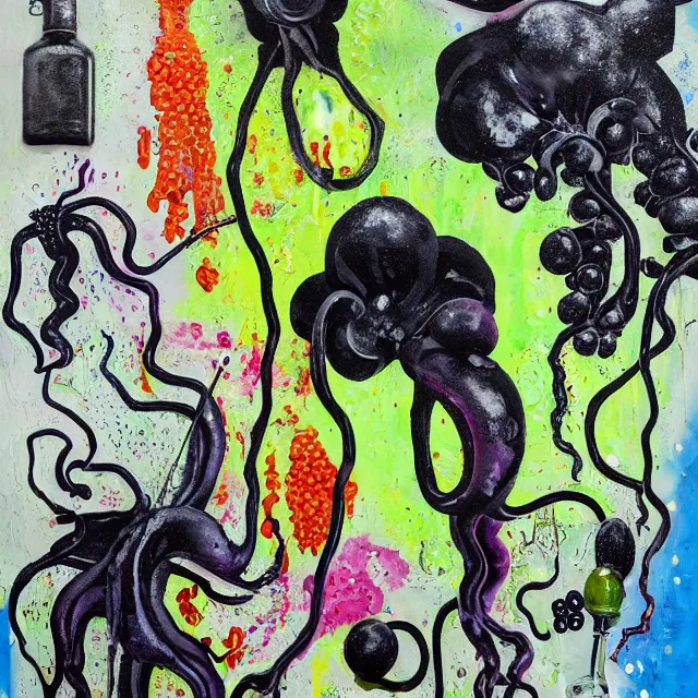 Prompt: black drips, lime drips, xray, vine, portrait of a female art student, scientific glassware, oscilloscope, x - ray, sensual, sweet almost oil, almond blossom, squashed berries dripping, octopus, candlelight, neo - impressionist, surrealism, acrylic and spray paint and oilstick on canvas