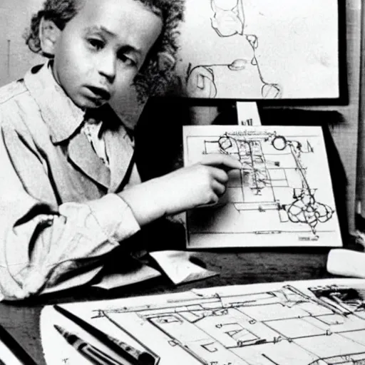 Image similar to Young Child Albert Einstein making a crayon drawing of plans for atomic bomb