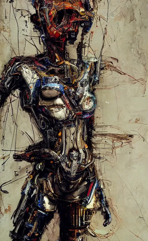 Prompt: beautiful woman made of mech mask rendered in unreal engine, cyberpunk, full body, rave, scifi, painted by albrecht durer | bernard buffet | carne griffiths | wlop